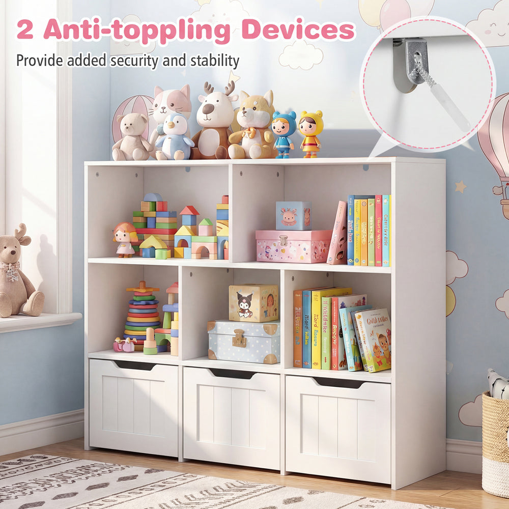Toy storage organizer in white and pink features 5 open cubbies and 3 movable drawers, ideal for kids' playrooms.