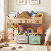 Toy storage organizer in natural wood features open shelves and elastic rope storage for plush toys, perfect for playrooms.