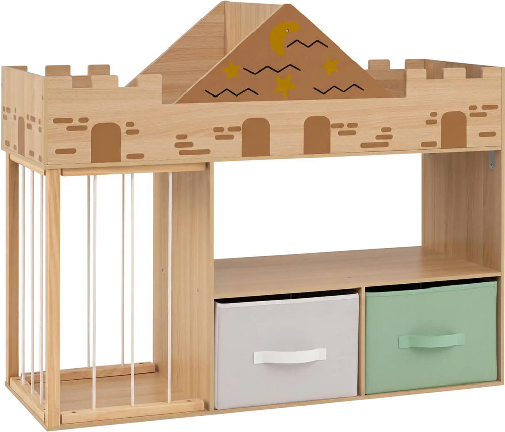 Toy storage organizer showcases a fun castle design with rounded edges, ideal for safely storing children's toys and books.