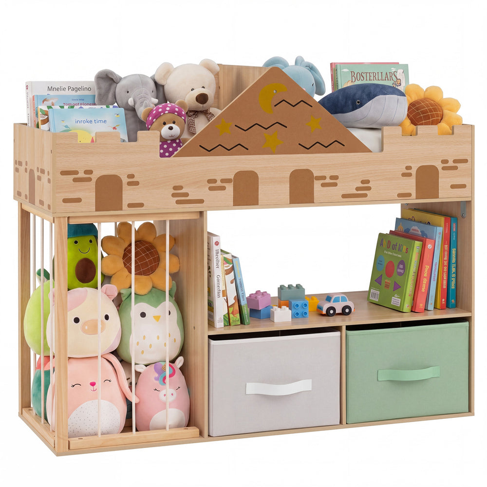 Toy storage organizer in natural wood with open shelves, elastic rope for plush toys, and fabric drawers for flexible organization.