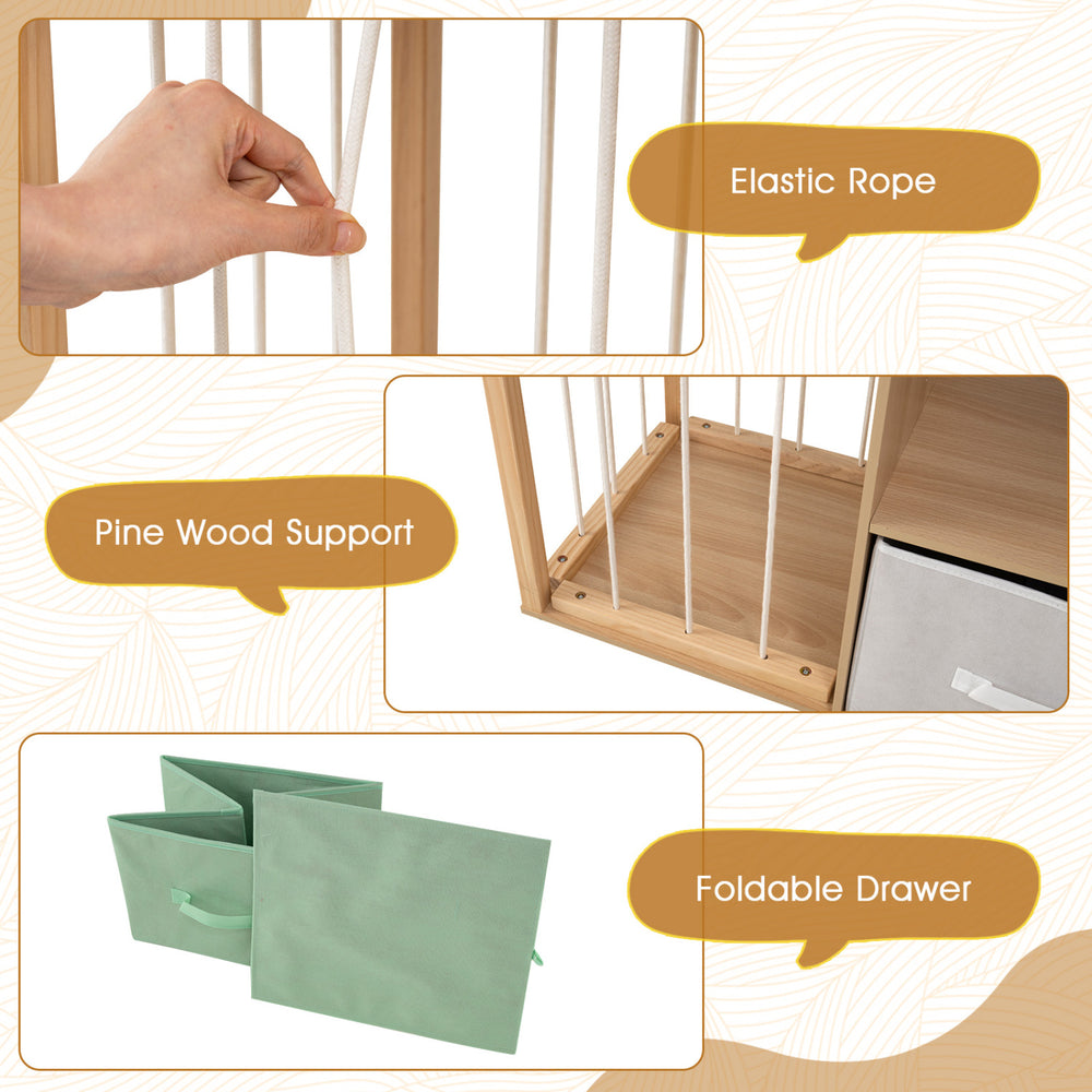 Toy storage organizer features open shelves, elastic rope for plush toys, and foldable drawers for flexible organization.