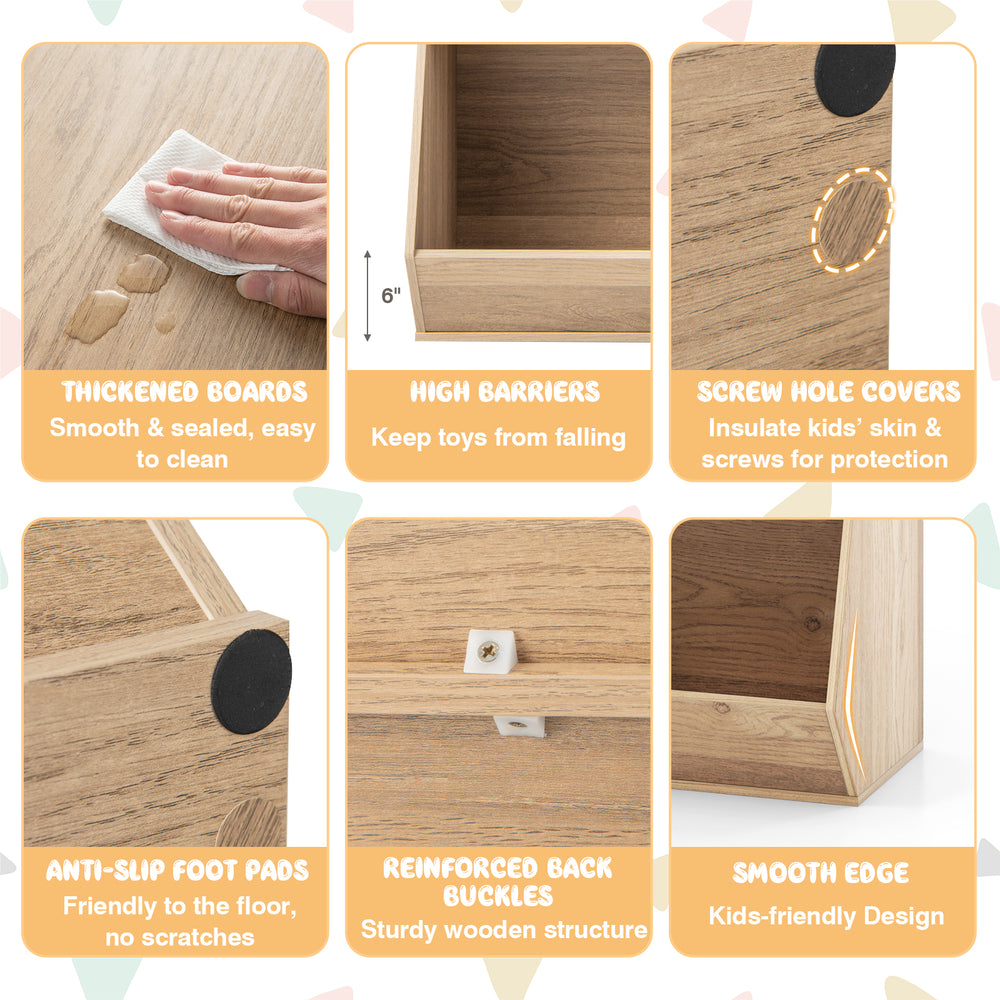 5-cube wooden kids toy storage organizer in natural finish with anti-tipping kits, ideal for playroom and reading room.