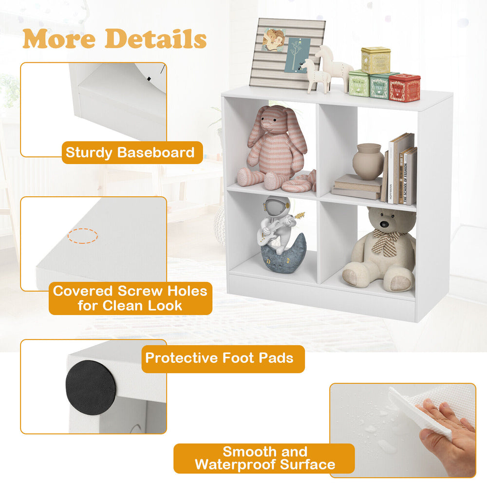 4-cube kids bookcase in white with covered screw holes, sturdy baseboard, and protective foot pads for stability.