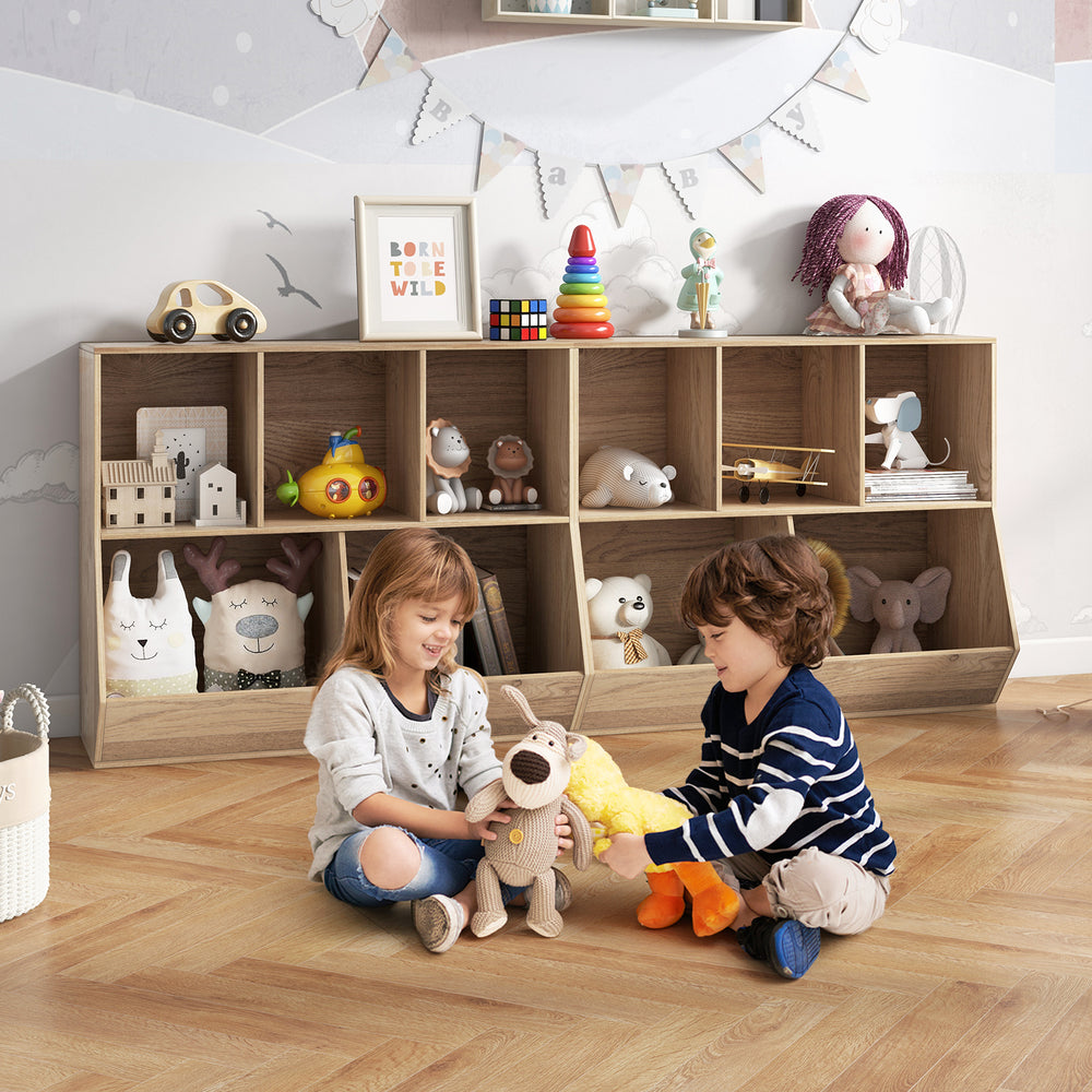 5-cube wooden kids toy storage organizer in natural finish, featuring sturdy design and anti-tipping kits for safety.