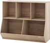 5-cube wooden kids toy storage organizer in natural finish with anti-tipping kits, ideal for playroom or reading room.