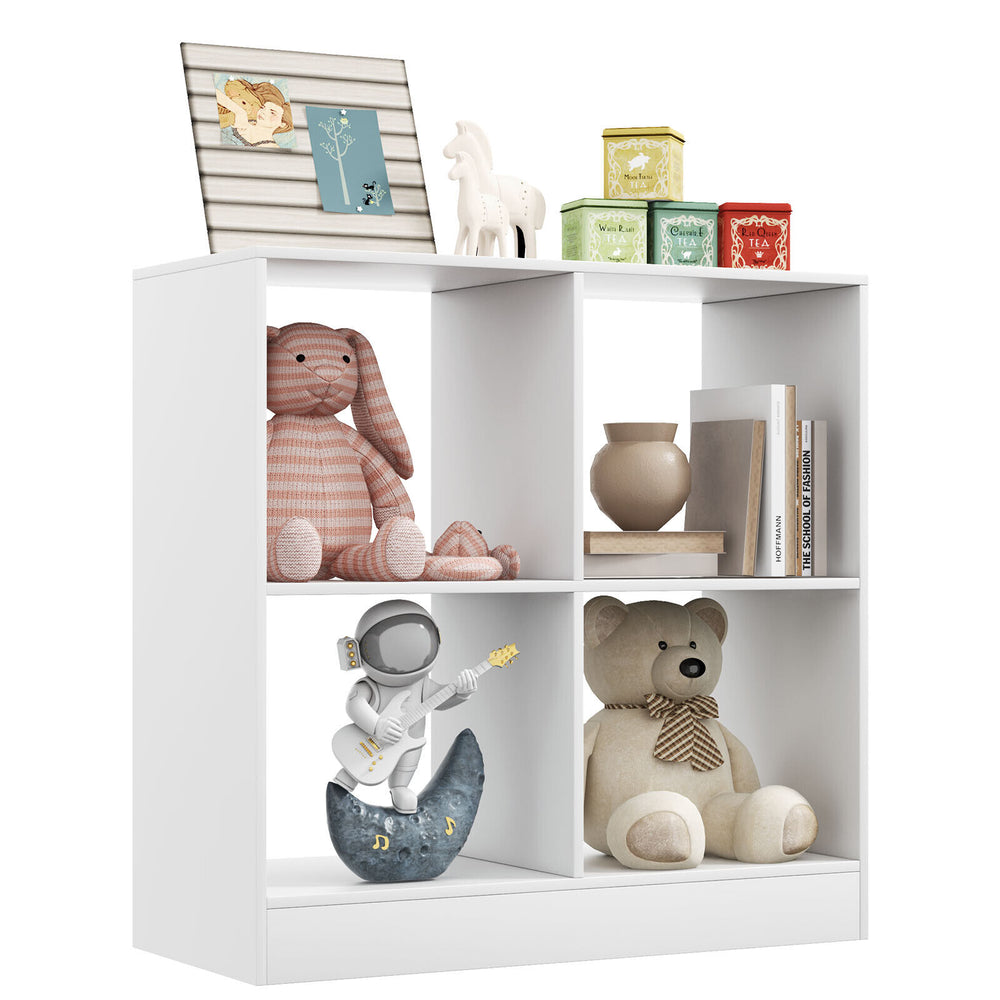 4-cube kids bookcase in white showcasing toys and books, designed for stability and clutter-free organization.
