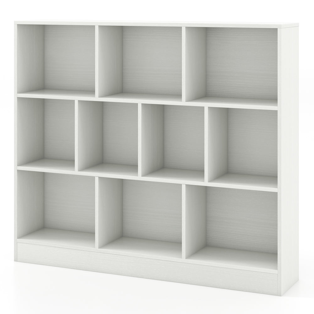 41-inch white wooden toy storage organizer with 10 open cubes, perfect for kids' rooms and easy access to toys.
