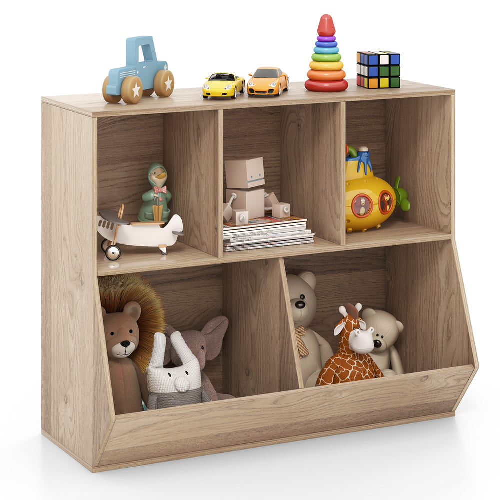 5-cube wooden kids toy storage organizer in natural finish, featuring 3 small and 2 large cubes for safe, classified.
