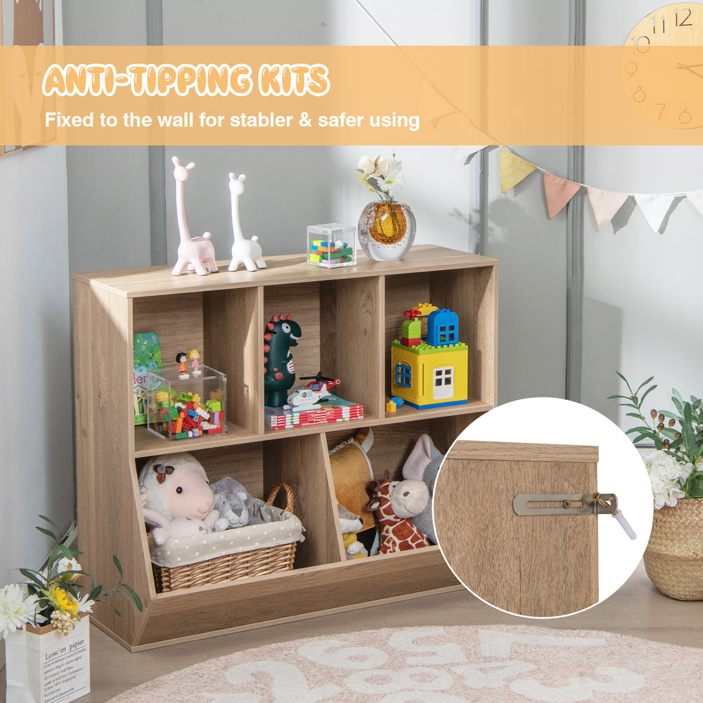 Detail of the anti-tipping kit on the 5-cube wooden kids toy storage organizer, ensuring safer use in any room.