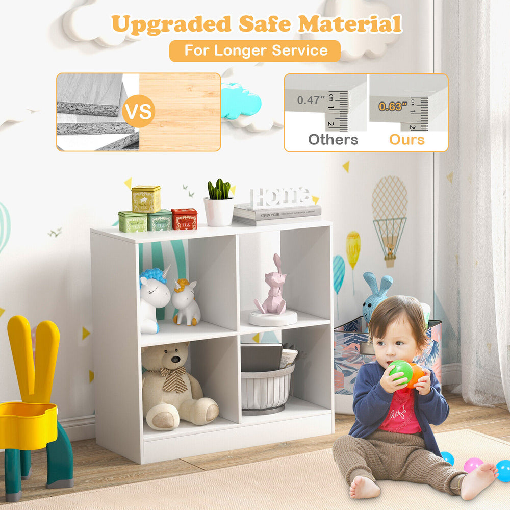 4-cube kids bookcase in white, featuring open shelves for toys and books, designed for stability and safety in.