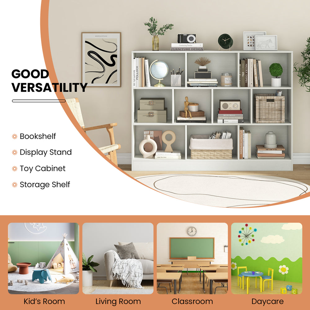 41-inch white wooden toy storage organizer with 10 cubes, ideal for classrooms and daycare, providing ample storage.