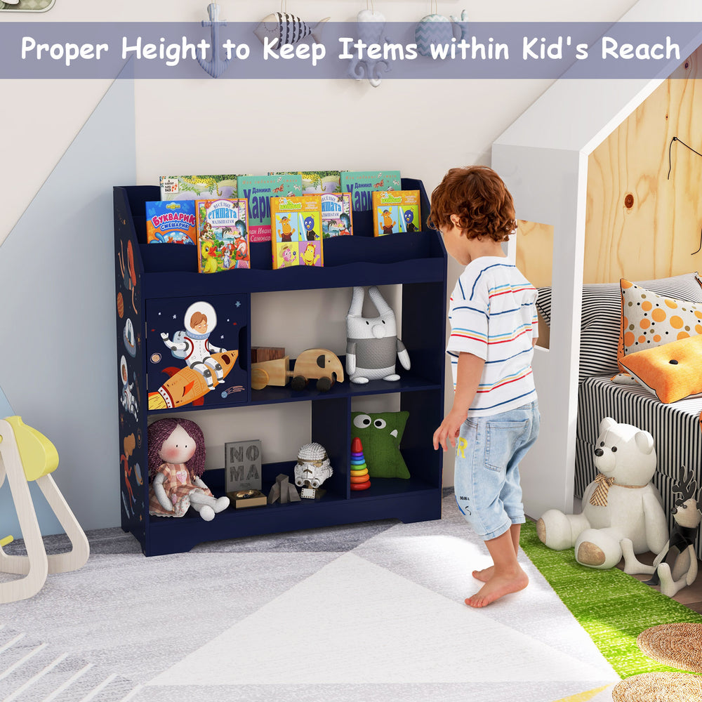 Kids toy storage organizer in navy with bookshelves and cabinet, designed for safety and easy access for children.