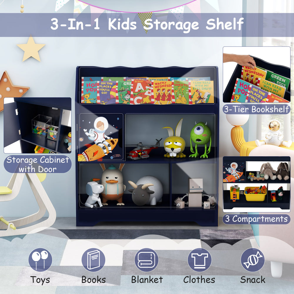 Kids toy storage organizer in navy with 3-tier bookshelf and storage cabinet, perfect for keeping rooms tidy and.