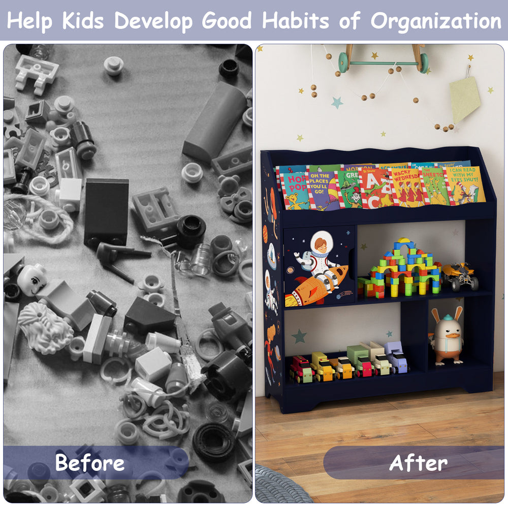 Kids Toy Storage Organizer in navy with bookshelf and storage cabinet, ideal for keeping rooms tidy and organized.