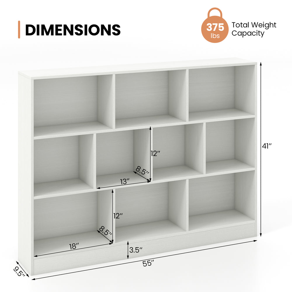 Wooden toy storage organizer with 10 open cubes, white finish, 41 inches tall, ideal for classrooms and nurseries.