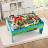 Colorful 80-piece wooden train set and table with reversible top, featuring tracks, buildings, and accessories for.