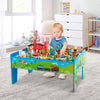 Colorful 80-piece wooden train set and table with removable top, perfect for kids' imaginative play and fine motor.