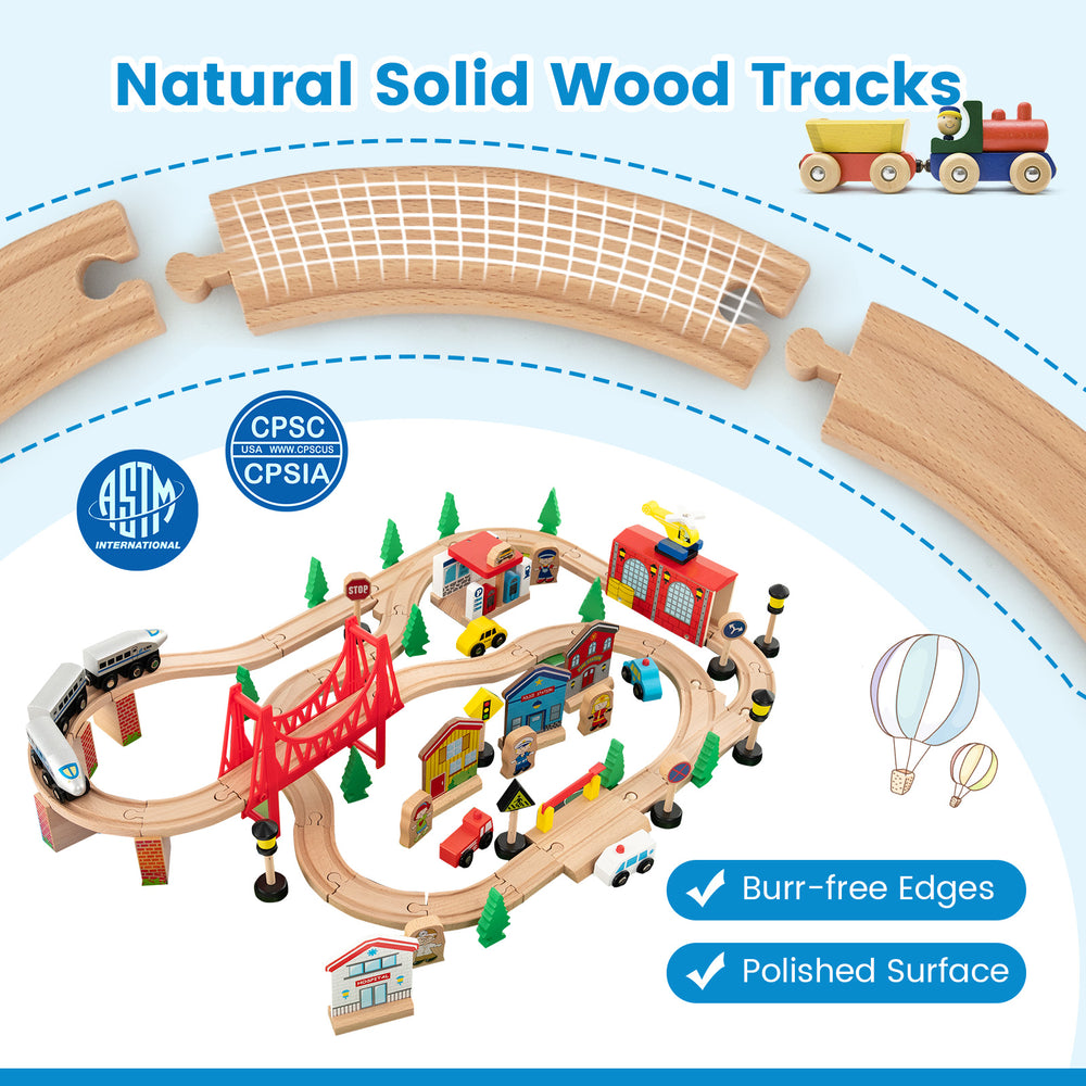 Colorful 80-piece wooden train set with solid wood tracks, gas station, and helicopter pad for imaginative play.