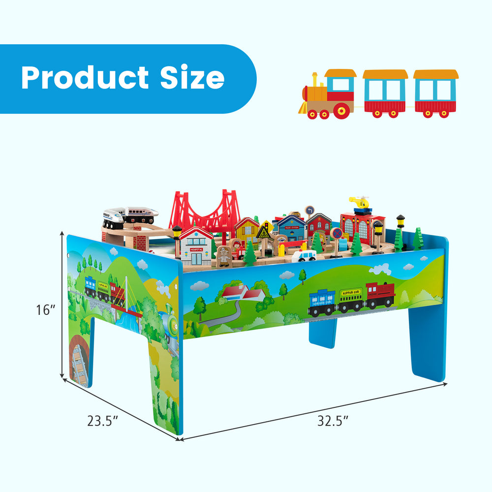 Colorful 80-piece wooden train set and table with removable tabletop, ideal for kids' play and creativity.