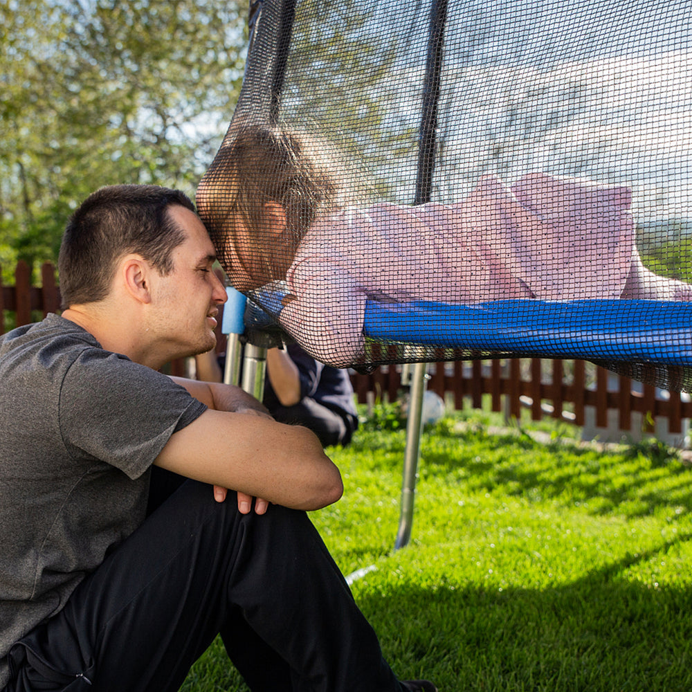 Trampoline replacement protection enclosure net for 12 ft round trampolines, featuring a double-headed zipper door.