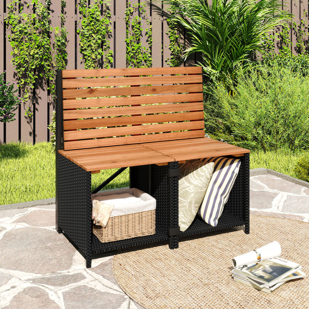 Transforming picnic table and chairs set with storage, featuring acacia wood and PE rattan, perfect for outdoor patios.