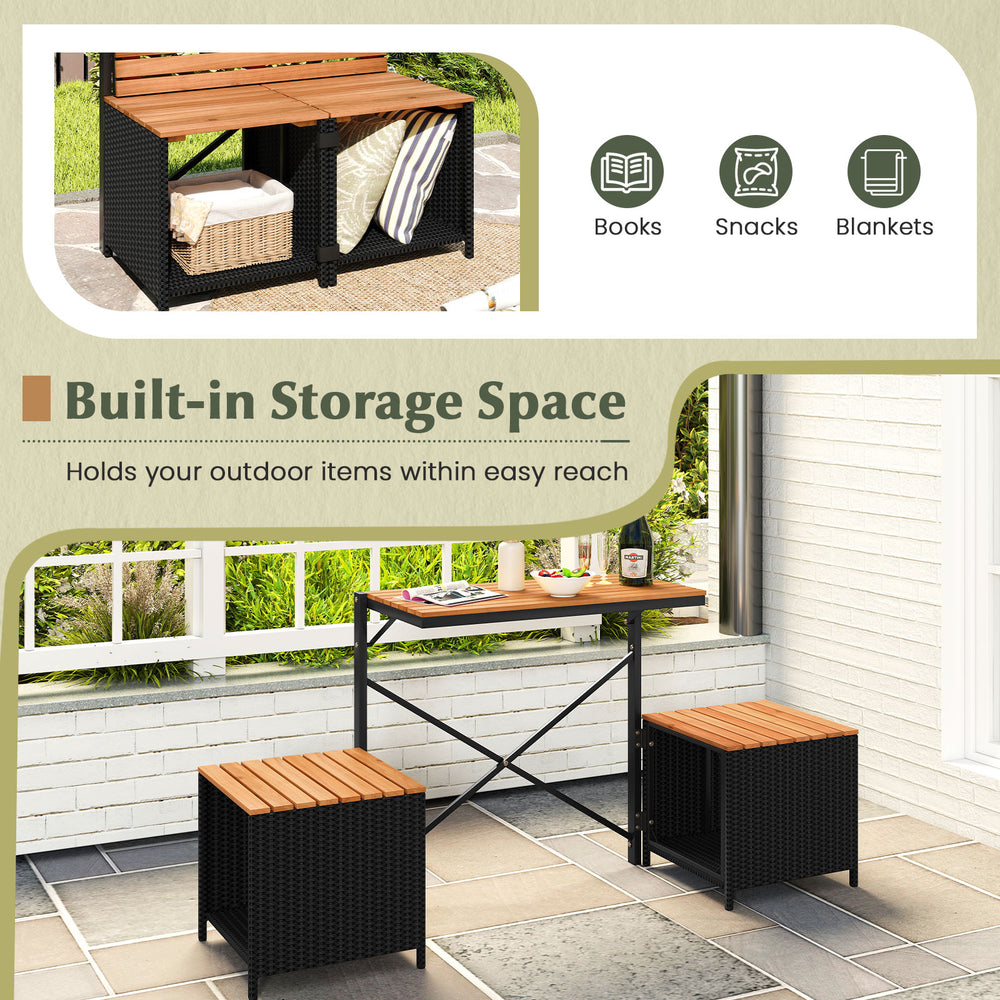 Transforming picnic table with storage, made of PE rattan and acacia wood, ideal for outdoor patios and gardens.