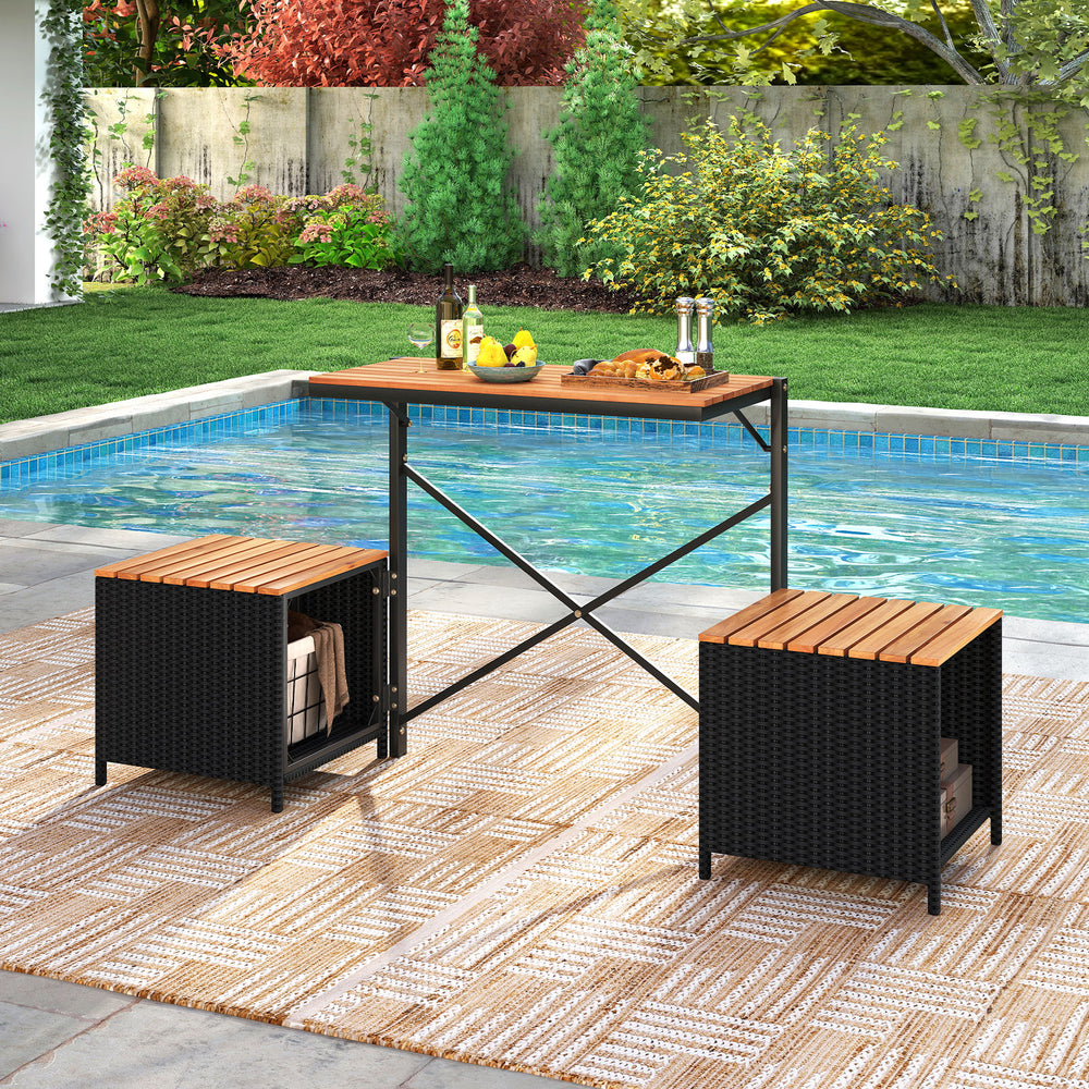 Transforming picnic table with acacia wood top and storage, perfect for outdoor gatherings by the pool.