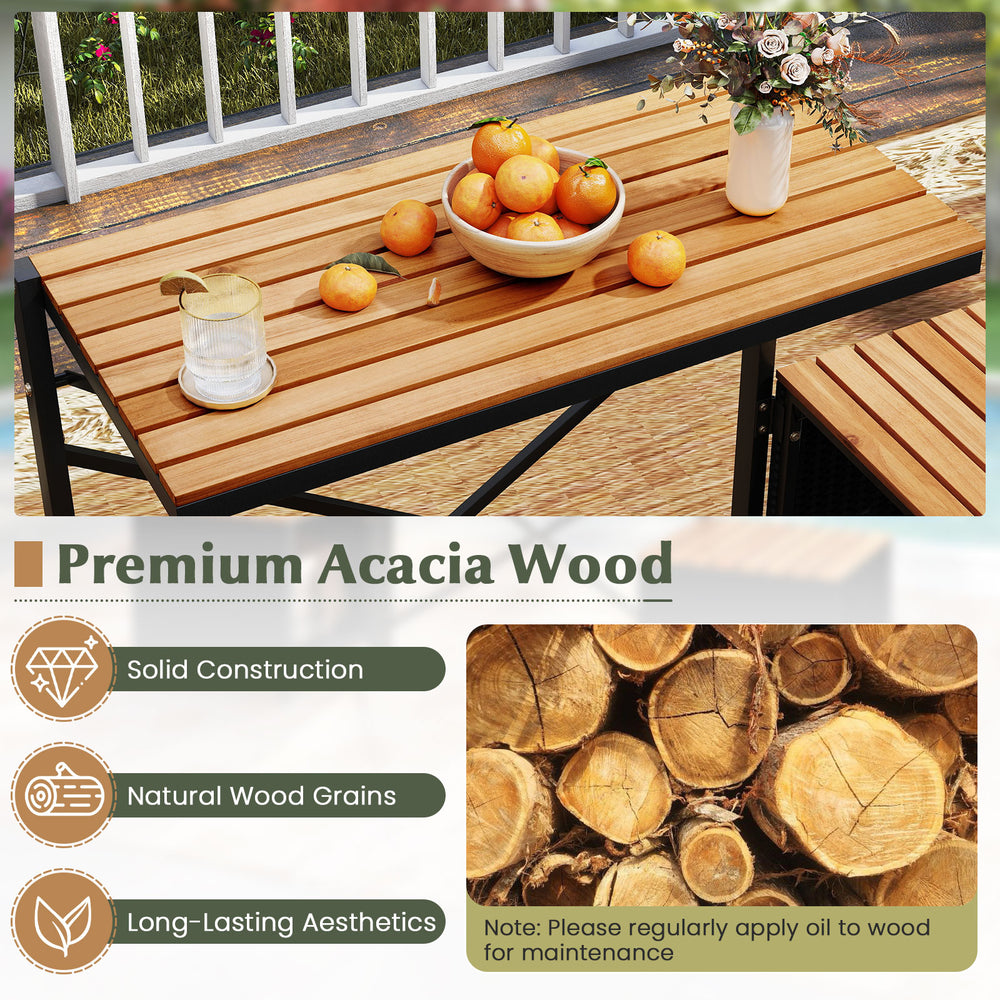 Transforming picnic table with premium acacia wood, slatted design, and built-in storage for outdoor convenience.
