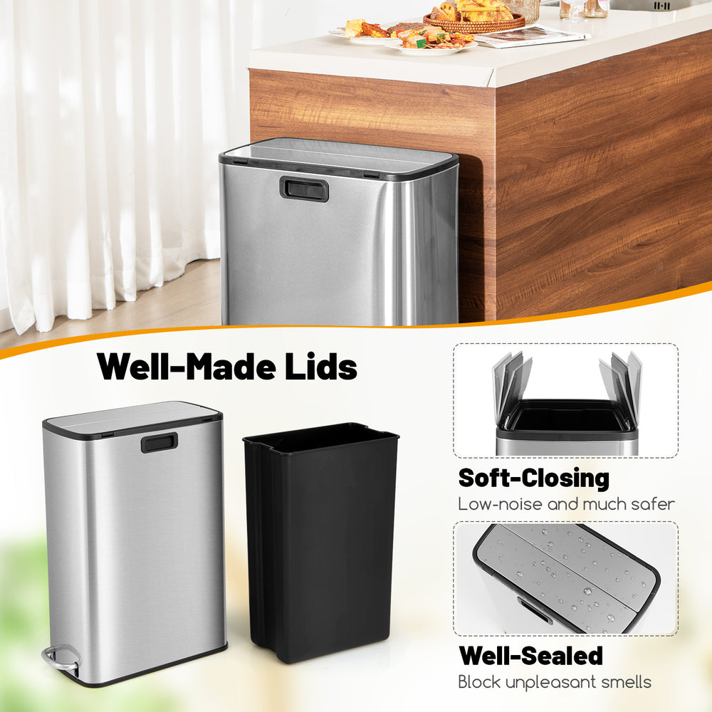 12-gal stainless steel trash can with soft-closing wing lids, designed for low-noise operation and easy access in.