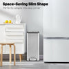 Slim stainless steel trash can with soft-closing lids, ideal for kitchen corners and easy access under countertops.