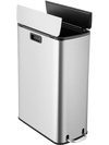 Stainless steel 12-gal trash can with soft-closing wing lids, ideal for kitchen or office, featuring a space-saving.