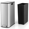 Stainless steel 12-gal trash can with soft-closing wing lids and removable inner bucket for kitchen or office use.