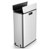 Stainless steel 12-gal trash can with soft-closing wing lids, designed for kitchens and offices, featuring a slim shape.