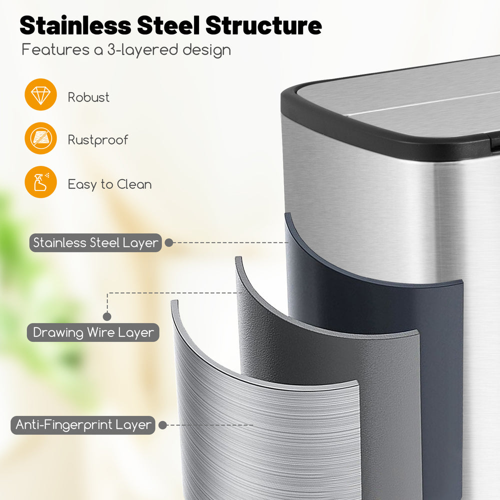 Close-up of the 12 Gal stainless steel trash can's 3-layered structure, featuring anti-fingerprint and easy-to-clean.