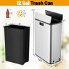 Stainless steel 12-gal trash can with soft-closing wing lids, ideal for kitchen or office use, featuring a slim design.