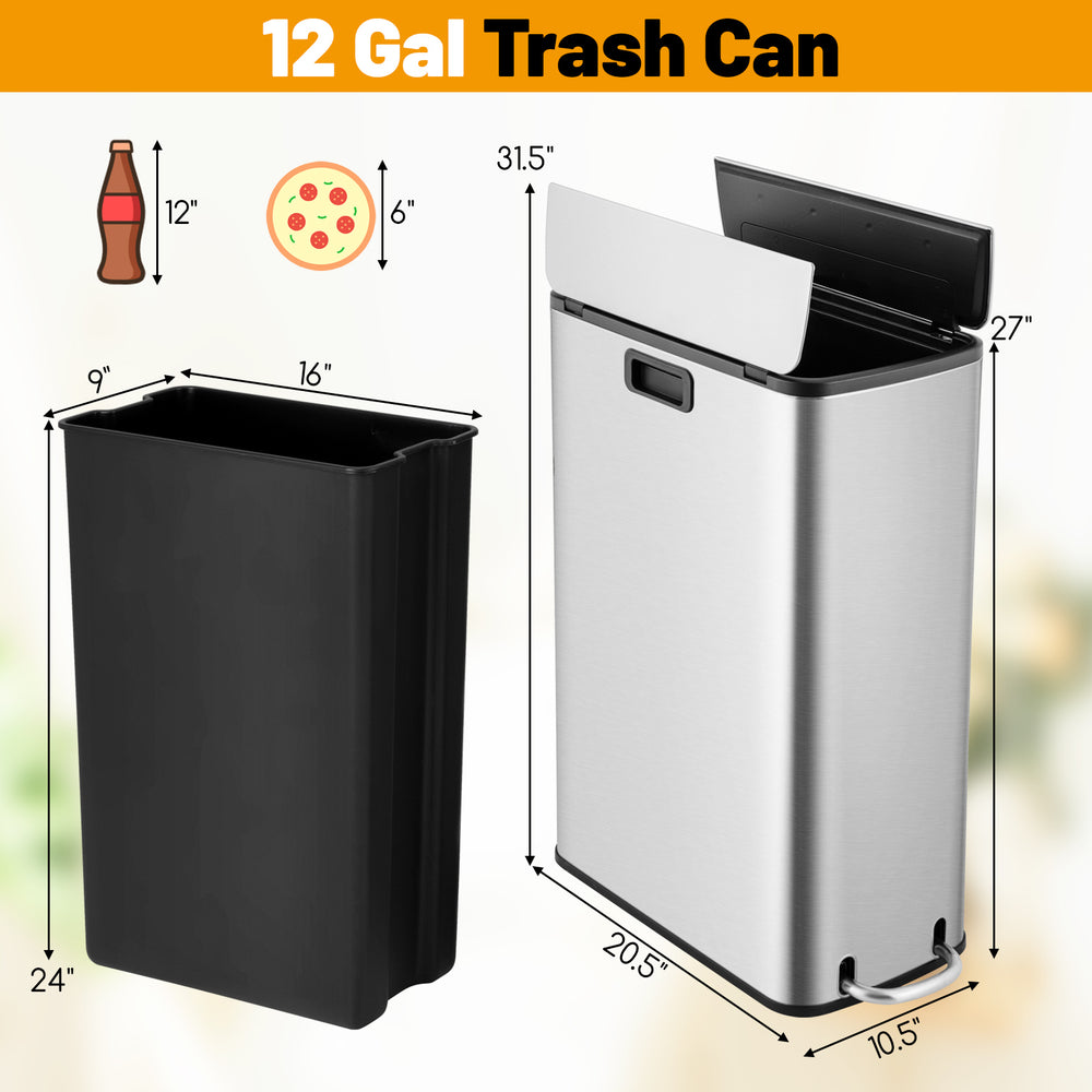 Stainless steel 12-gal trash can with soft-closing wing lids, ideal for kitchen or office use, featuring a slim design.