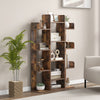 Tree-shaped bookshelf in rustic brown with 13 compartments, perfect for organizing home office or living room decor.