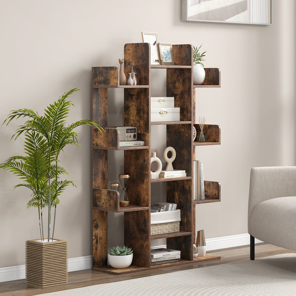 Tree-Shaped Bookshelf with 13 Compartments for Home Office-Rustic Brown - Gallery View 1 of 9