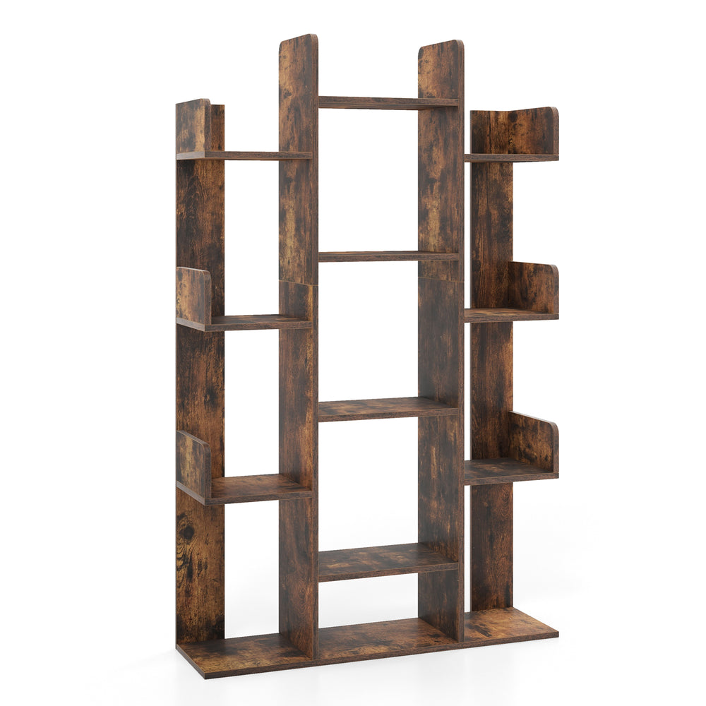 Tree-shaped bookshelf in rustic brown with 13 compartments, ideal for home office organization and stability.