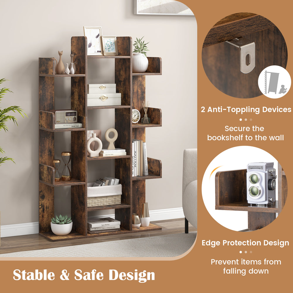 Tree-shaped bookshelf in rustic brown with 13 compartments, designed for stability and organization in home office.