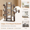 Tree-shaped bookshelf in rustic brown with 13 compartments, ideal for living room or study organization.