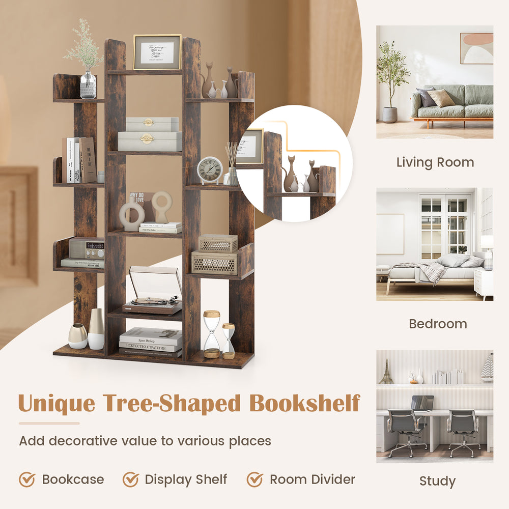 Tree-shaped bookshelf in rustic brown with 13 compartments, ideal for living room or study organization.