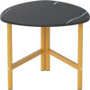 Triangle coffee table with a black marble top and yellow metal legs, perfect for versatile use in any space.