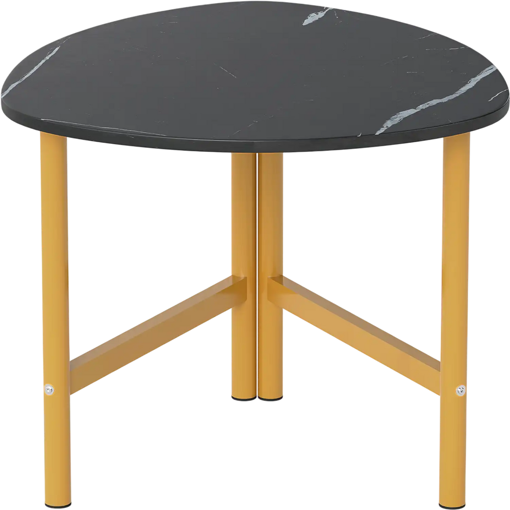 Triangle coffee table with a black marble top and yellow metal legs, perfect for versatile use in any space.