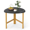 Triangle coffee table with black surface and yellow metal legs, perfect for dining, working, or displaying decor.