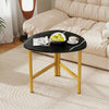Triangle coffee table with black marble top and yellow metal legs, perfect for stylish living room use and space.