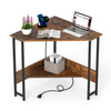 Triangle computer corner desk in rustic brown with charging station, open shelf, and sturdy steel legs for small spaces.