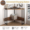 Triangle computer corner desk in rustic brown with charging station, featuring 2 AC outlets and USB ports for.