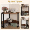 Rustic brown triangle computer corner desk with stylish open shelf and sturdy steel legs, perfect for maximizing corner.