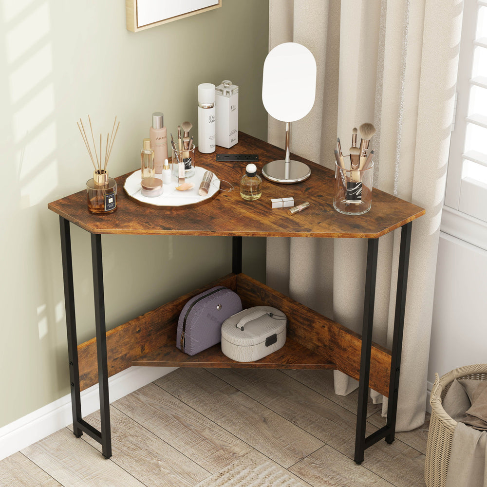 Rustic brown triangle computer corner desk featuring a smooth tabletop and lower open shelf for stylish storage.